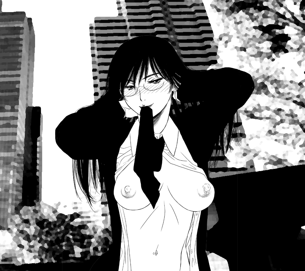 gusu, original, 1girl, blush, breasts, city, female focus, glasses, greyscale, high contrast, large breasts, long hair, monochrome, mouth hold, navel, navel piercing, necktie, nipple piercing, nipple rings, nipples, open clothes, open shirt, outdoors, piercing, public indecency, public nudity, shirt, single nipple piercing, solo