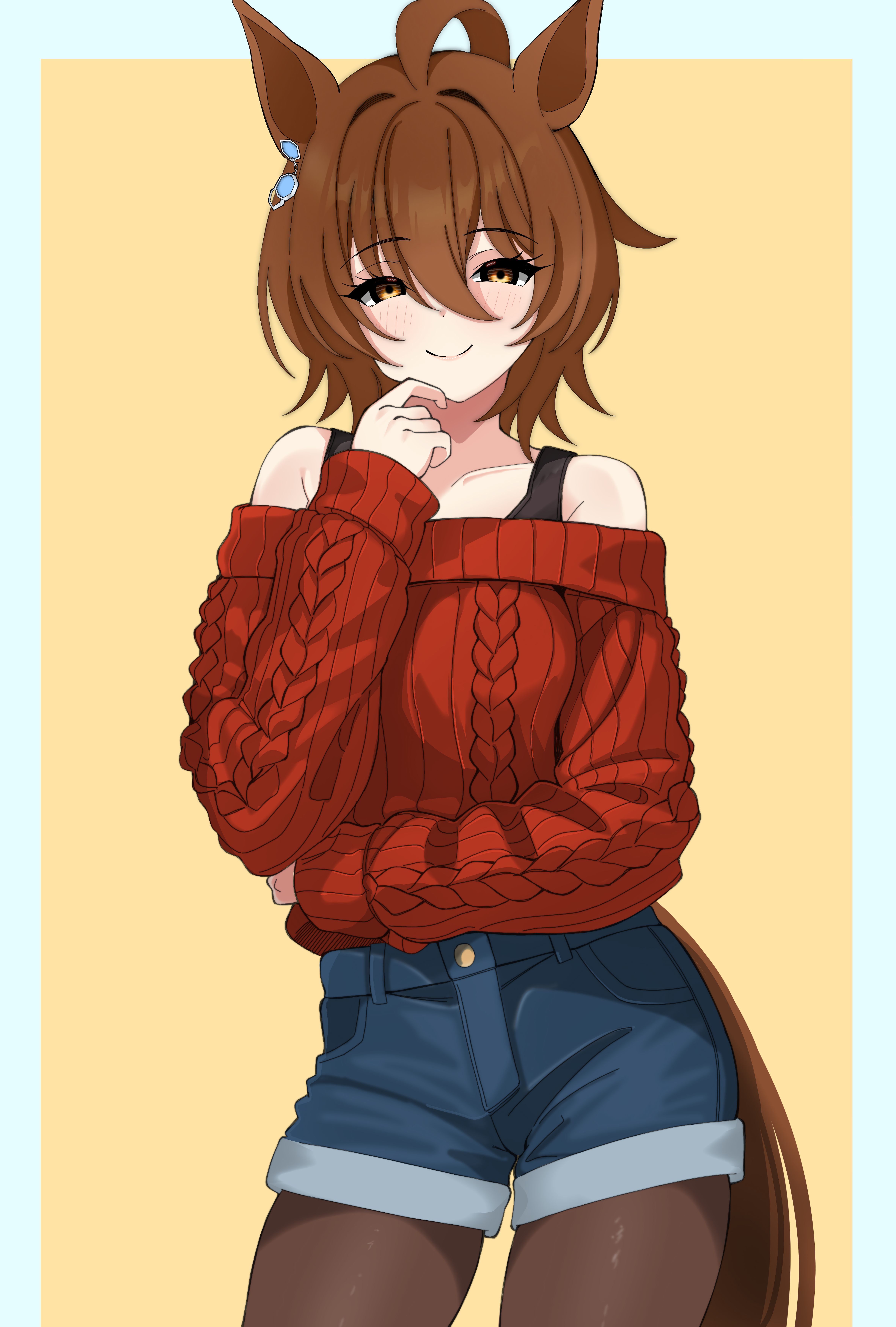 rightman-sensei, agnes tachyon (umamusume), umamusume, absurdres, highres, 1girl, ahoge, animal ears, bare shoulders, black pantyhose, bra strap, brown eyes, brown hair, closed mouth, denim, denim shorts, hair between eyes, horse ears, horse girl, horse tail, looking at viewer, off-shoulder sweater, off shoulder, pantyhose, red sweater, short hair, shorts, sidelocks, smile, solo, sweater, tail