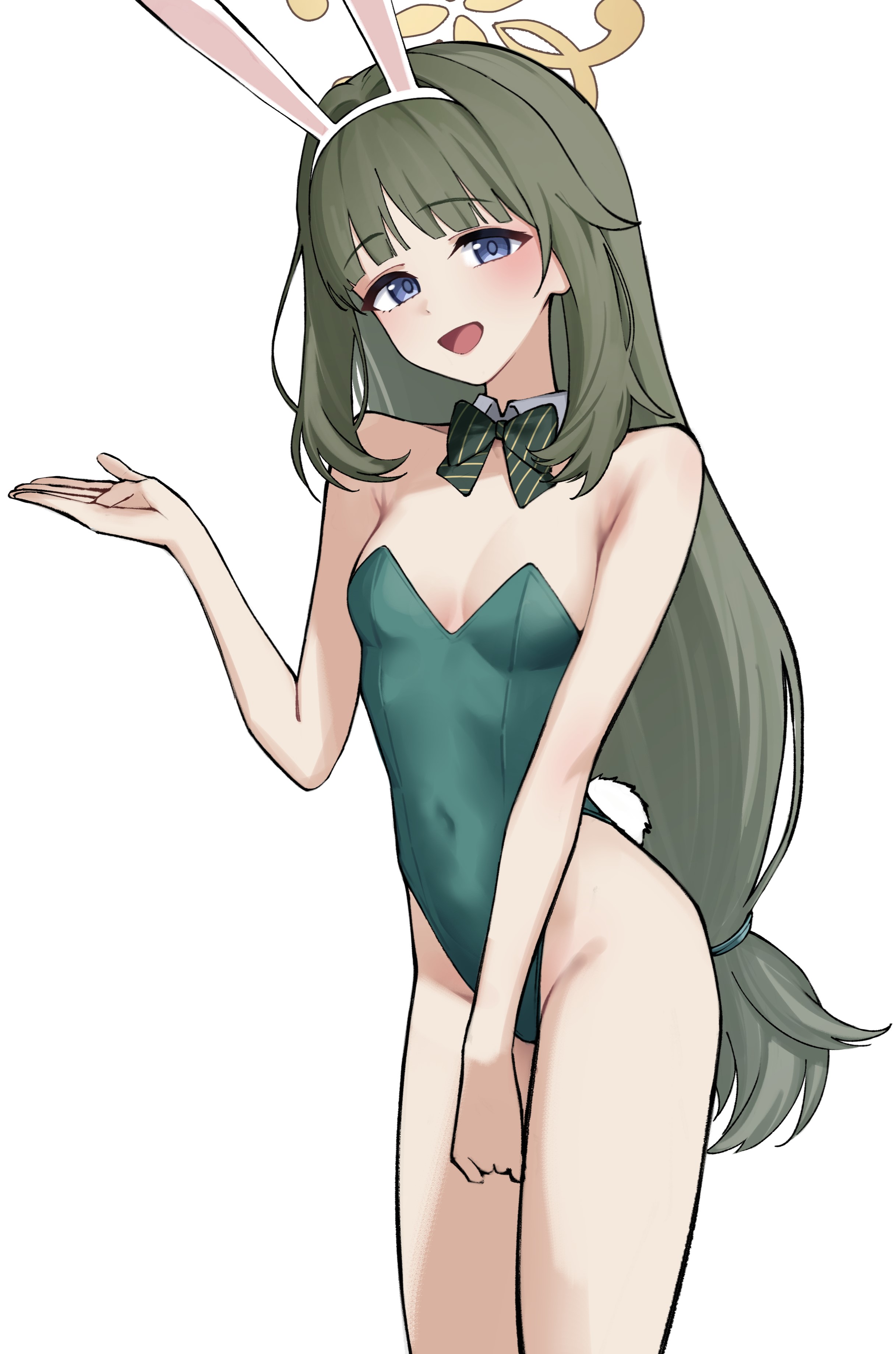 aoi riko, tsumugi (blue archive), blue archive, absurdres, highres, 1girl, alternate costume, animal ears, bare legs, blue eyes, blush, bow, bowtie, breasts, detached collar, fake animal ears, fake tail, green bow, green bowtie, green hair, halo, leotard, long hair, looking at viewer, low-tied long hair, open mouth, playboy bunny, rabbit ears, simple background, small breasts, solo, strapless, strapless leotard, tail, white background