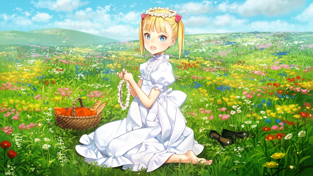 ooyari ashito, machine child, game cg, 1girl, barefoot, basket, blonde hair, blue eyes, blue sky, cordelia (machine child), day, dress, field, flower, flower field, flower wreath, full body, grass, looking at viewer, mary janes, nature, open mouth, outdoors, shoes, short twintails, sitting, sky, smile, solo, twintails, unworn shoes, white dress