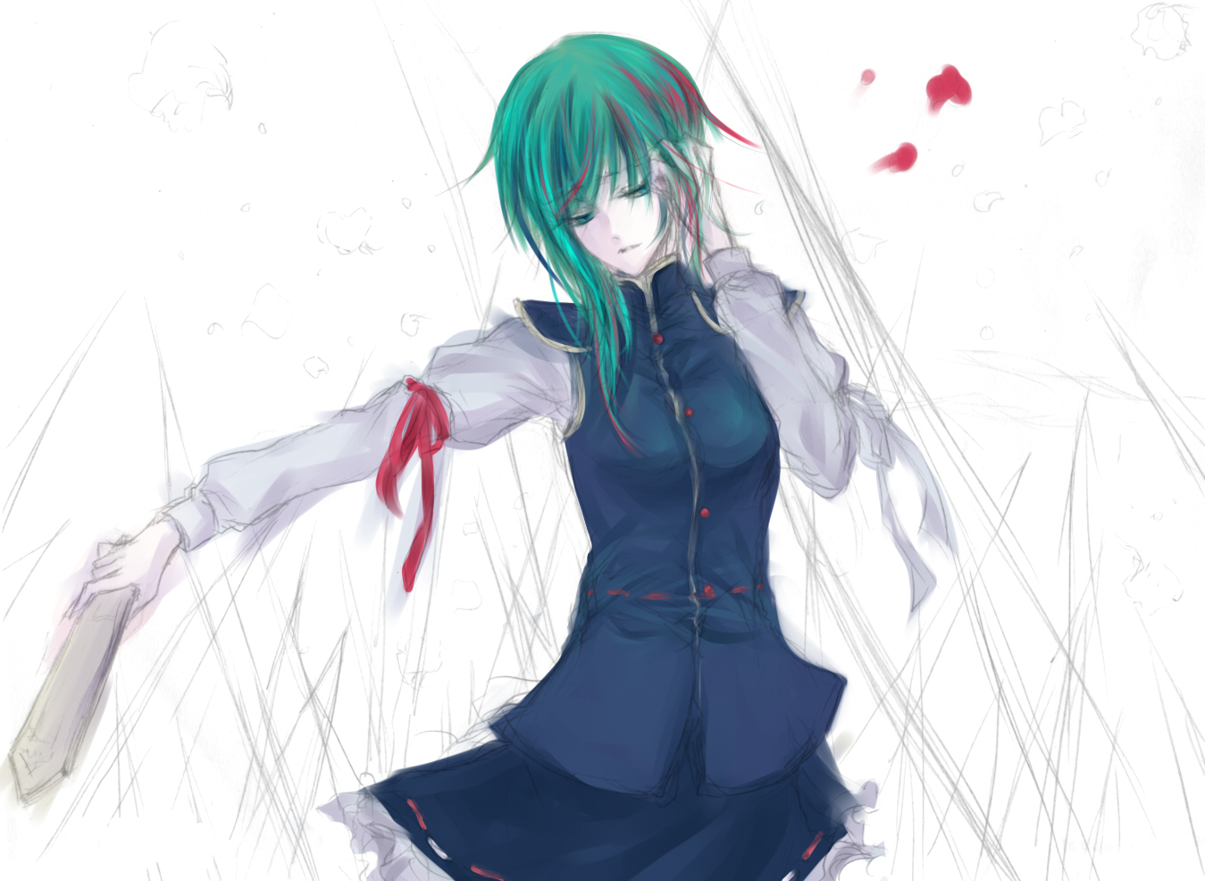minase (mmakina), shiki eiki, touhou, bad id, bad pixiv id, 1girl, female focus, green hair, ribbon, rod of remorse, short hair, solo, standing, white background