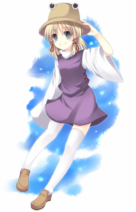takase kanan, moriya suwako, touhou, bad id, bad pixiv id, 1girl, blonde hair, female focus, full body, gradient background, hat, outdoors, ribbon, short hair, skirt, sky, solo, thighhighs, white background, white thighhighs