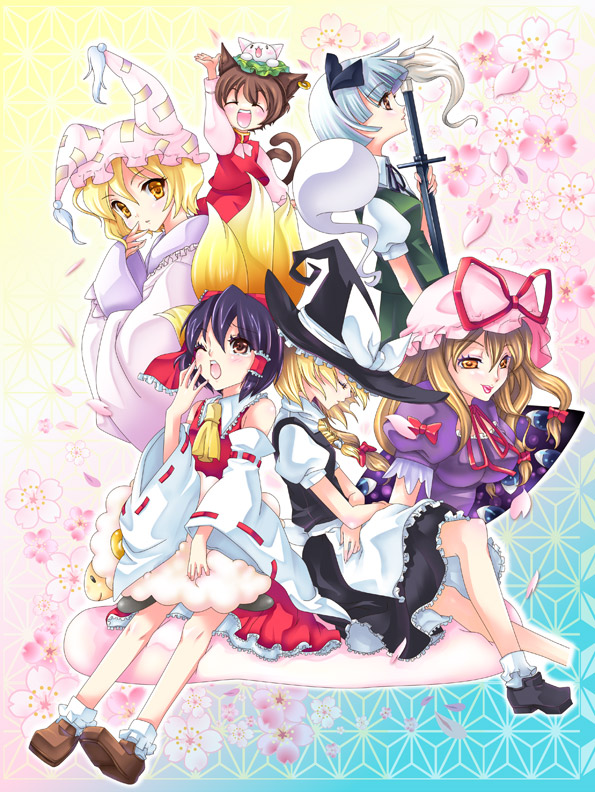 maya0618, maya (natural heart), chen, hakurei reimu, kirisame marisa, konpaku youmu, konpaku youmu (ghost), yakumo ran, yakumo yukari, touhou, 6+girls, animal ears, animal hat, blonde hair, cat, cat ears, cat tail, earrings, female focus, fox ears, fox tail, gap (touhou), ghost, hat, hitodama, japanese clothes, jewelry, long hair, long sleeves, miko, mob cap, multiple girls, ribbon, school uniform, serafuku, short hair, tail, tassel, wide sleeves