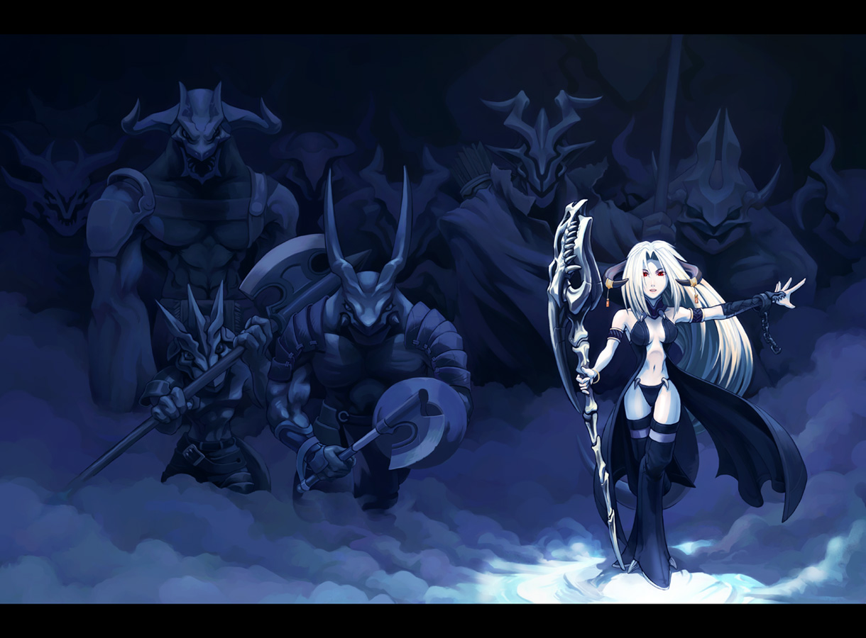 mishima yoshikatsu, bad id, bad pixiv id, armor, axe, demon, horns, long hair, monster, panties, red eyes, shield, staff, underwear, weapon, white hair