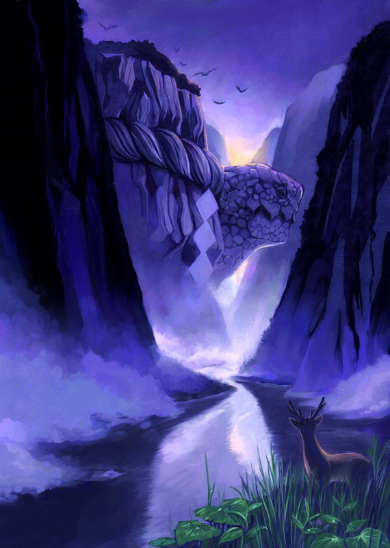 mishima yoshikatsu, bad id, bad pixiv id, island, mountain, reindeer, scenery, turtle, water