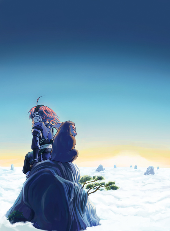 mishima yoshikatsu, pixiv fantasia, pixiv fantasia 1, bad id, bad pixiv id, 1girl, above clouds, ahoge, cloud, female focus, headphones, monkey, mountaintop, pink hair, scenery, sitting, sky, solo