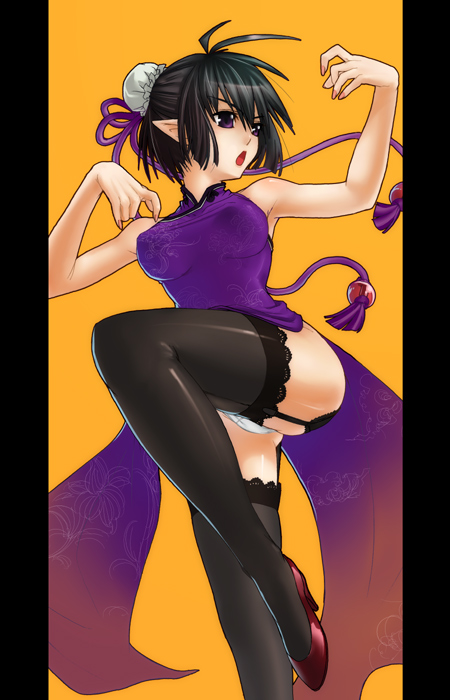 mishima yoshikatsu, original, lace-trimmed legwear, bad id, bad pixiv id, armpits, bare shoulders, black hair, black thighhighs, china dress, chinese clothes, dress, elf, fighting stance, garter belt, garter straps, hair bun, high heels, lace, lace trim, leg up, legs, long legs, open mouth, panties, pantyshot, pillarboxed, pointy ears, purple eyes, shoes, short hair, single hair bun, solo, thighhighs, thighs, underwear, white panties