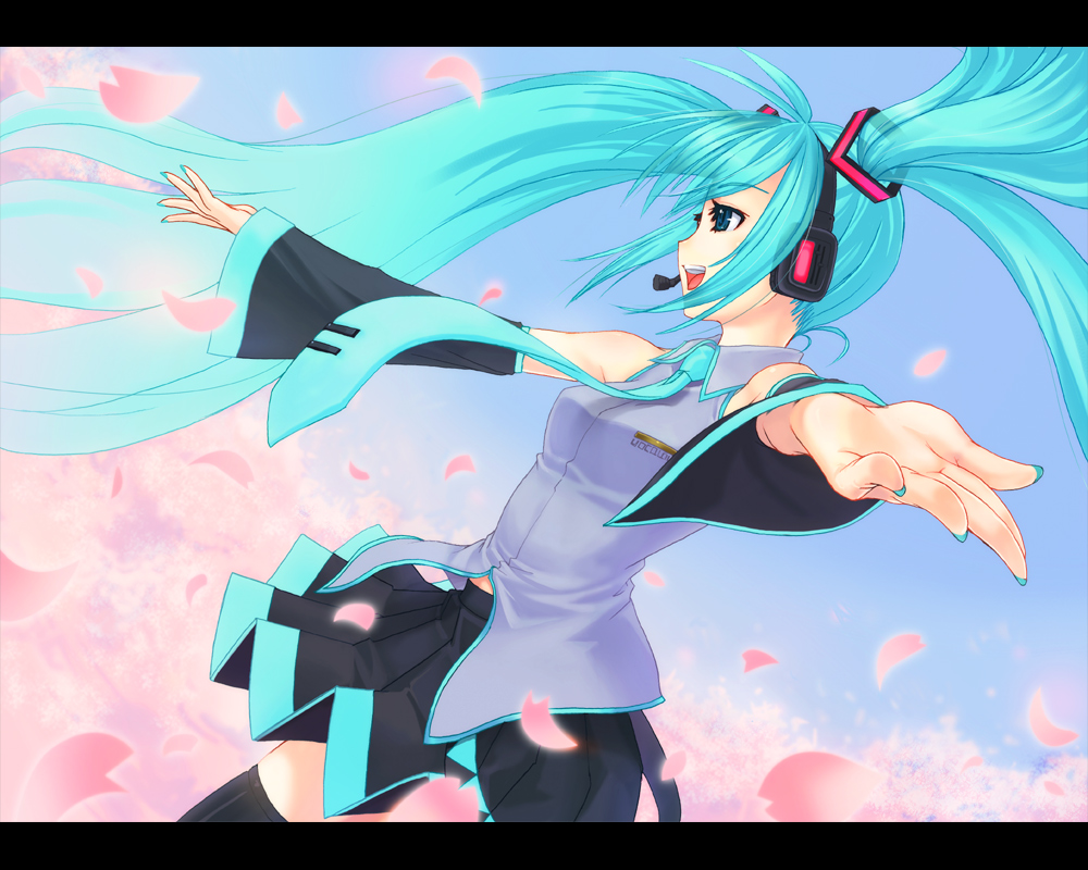 mishima yoshikatsu, hatsune miku, vocaloid, bad id, bad pixiv id, 1girl, aqua hair, aqua nails, blue eyes, cherry blossoms, detached sleeves, female focus, letterboxed, long hair, nail polish, necktie, outstretched arms, petals, solo, thighhighs, twintails
