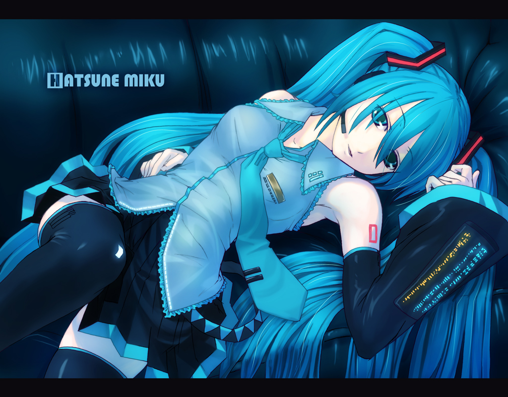 mishima yoshikatsu, hatsune miku, vocaloid, bad id, bad pixiv id, armpits, blue eyes, blue hair, detached sleeves, long hair, lying, necktie, solo, thighhighs, twintails