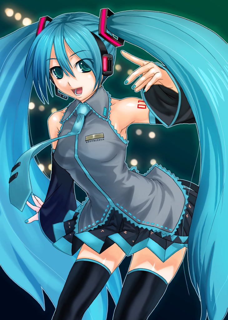 mishima yoshikatsu, hatsune miku, vocaloid, bad id, bad pixiv id, 1girl, blue eyes, blue hair, blue nails, detached sleeves, female focus, long hair, matching hair/eyes, nail polish, necktie, solo, thighhighs, twintails