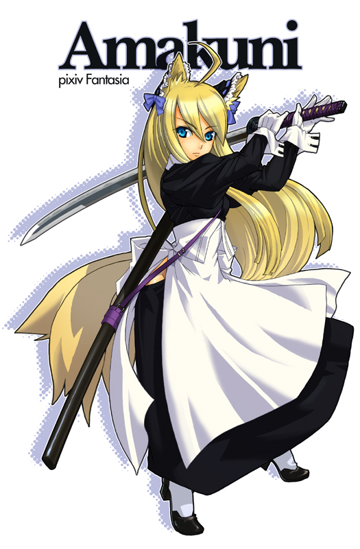 mishima yoshikatsu, pixiv fantasia, pixiv fantasia 1, bad id, bad pixiv id, 1girl, ahoge, animal ears, blonde hair, blue eyes, combat maid, female focus, katana, long hair, maid, solo, sword, tail, weapon