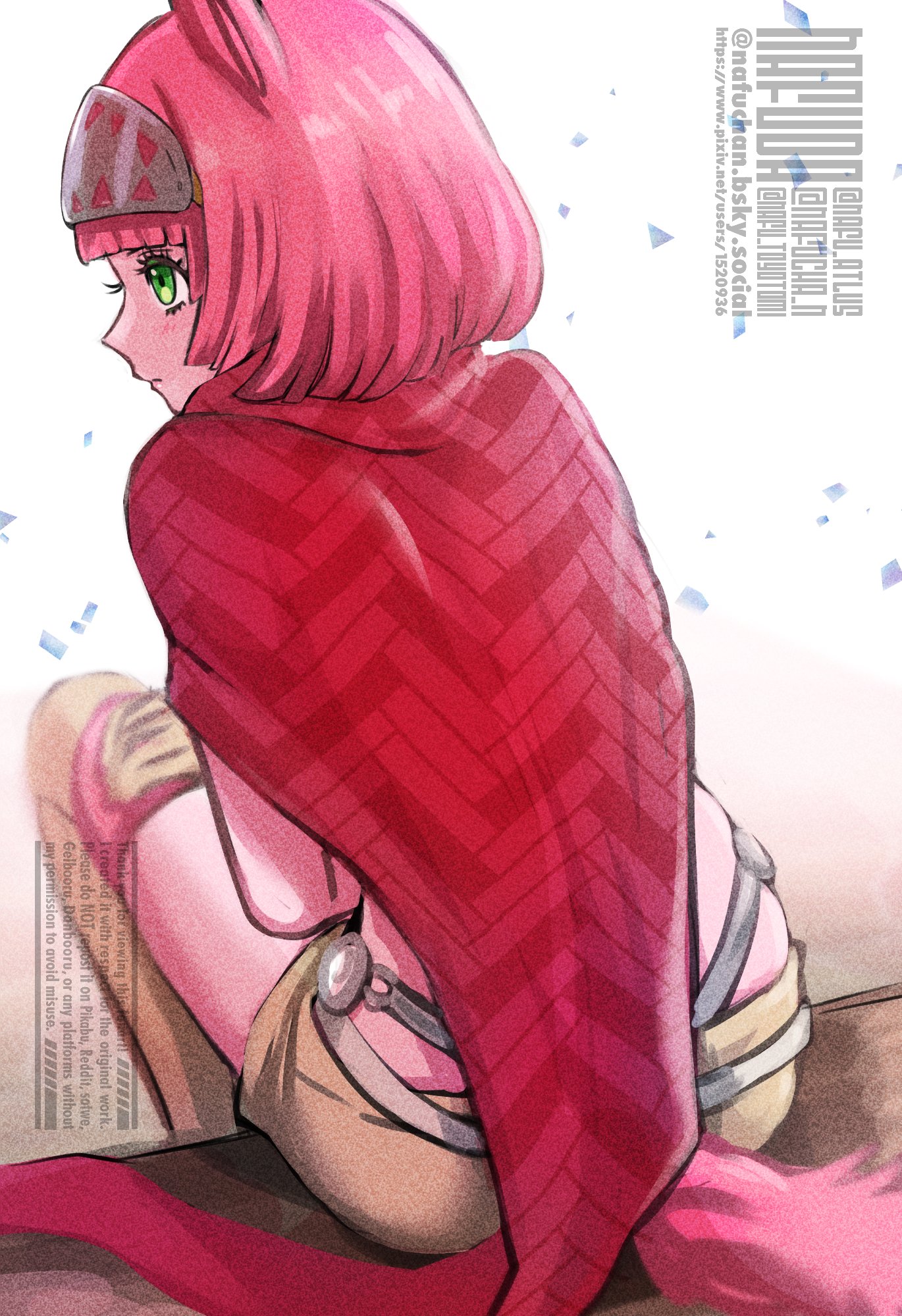 nafuda, catherina (metaphor: refantazio), metaphor: refantazio, highres, 1girl, animal ears, armor, brown shorts, cape, green eyes, hairband, looking back, pink hair, red cape, short hair, shorts, simple background, sitting, solo, tail, thighhighs, watermark, white background