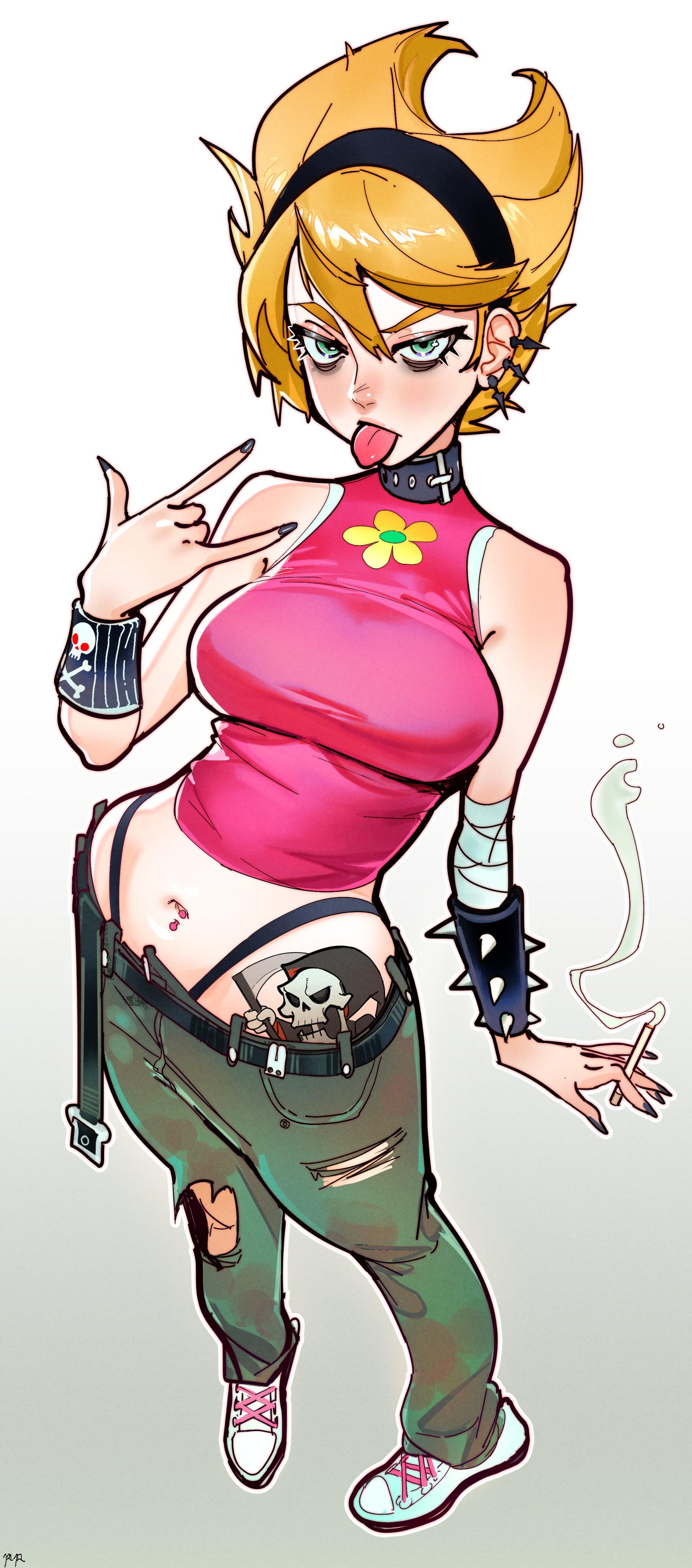 brendon paes, mandy (grim adventures), the grim adventures of billy & mandy, absurdres, commentary, english commentary, highres, 1girl, m/, aged up, animification, bags under eyes, bandaged arm, bandages, belt, between fingers, black choker, black hairband, black nails, blonde hair, breasts, choker, cigarette, full body, gradient background, green eyes, green pants, grey background, hairband, hand up, hip tattoo, holding, holding cigarette, large breasts, navel, navel piercing, pants, piercing, pigeon-toed, pink shirt, shirt, shoes, short hair, signature, simple background, sleeveless, sleeveless shirt, smoke, solo, tattoo, thick eyebrows, tongue, tongue out, torn clothes, torn pants, v-shaped eyebrows, white shoes, wristband