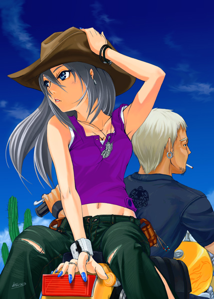 mishima yoshikatsu, silver hair, vehicle, bad id, bad pixiv id, 1boy, 1girl, armpits, blue eyes, blue nails, cactus, camisole, cowboy hat, cowboy western, day, denim, hat, jeans, long hair, motor vehicle, motorcycle, nail polish, navel, pants, sky, torn clothes, torn jeans, torn pants