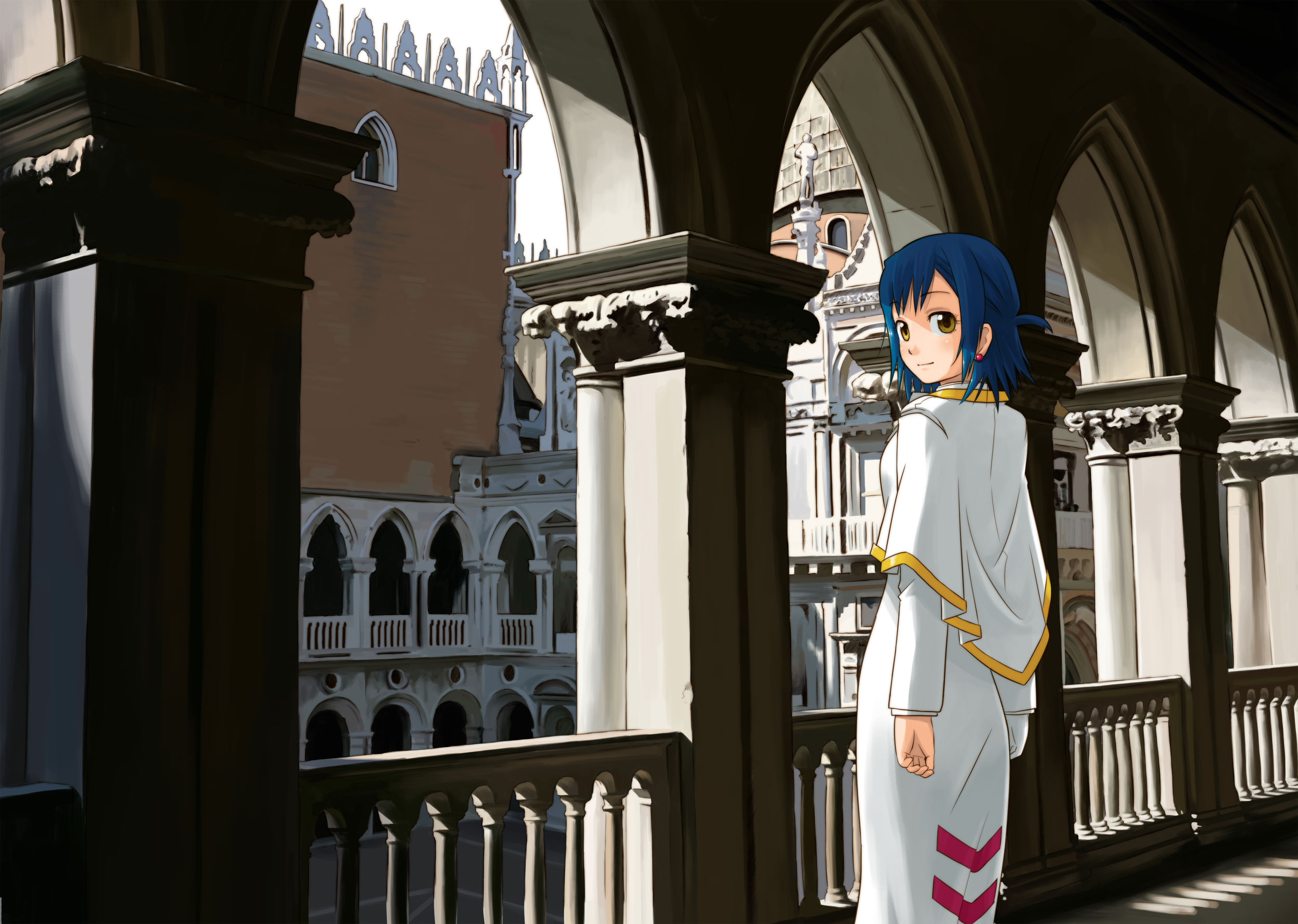nagian, aika granzchesta, aria (manga), bad id, bad pixiv id, highres, 00s, blue hair, earrings, high collar, jewelry, short hair, smile, solo, venice, yellow eyes