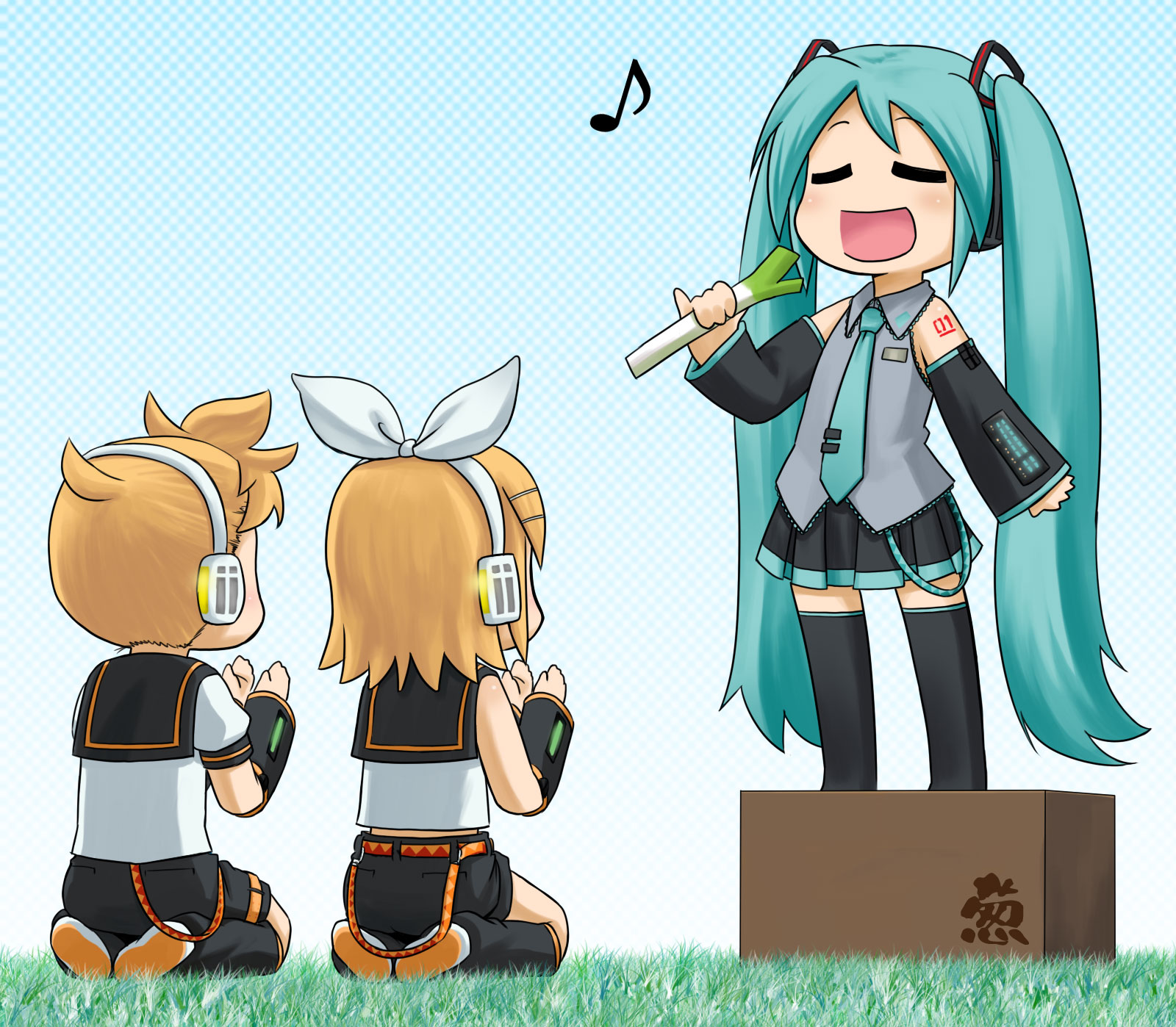nagian, hatsune miku, kagamine len, kagamine rin, vocaloid, bad id, bad pixiv id, highres, 1boy, 2girls, aqua hair, blonde hair, brother and sister, clapping, detached sleeves, hair ribbon, headphones, kneeling, multiple girls, music, necktie, ribbon, seiza, siblings, singing, sitting, spring onion, thighhighs, twins, twintails, zettai ryouiki