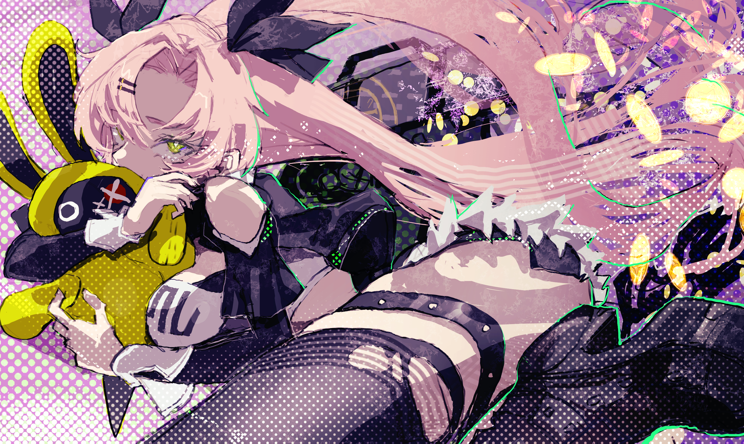 roncele, amillion (zenless zone zero), bangboo (zenless zone zero), nicole demara, zenless zone zero, commentary request, highres, 1girl, black ribbon, breasts, crop top, green eyes, hair ornament, hair ribbon, hairclip, hug, large breasts, long hair, looking at viewer, pink hair, ribbon, thighhighs, thighs, two side up