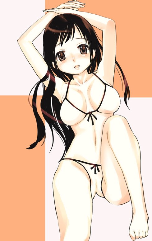 gk, original, bad id, bad pixiv id, 1girl, armpits, arms up, barefoot, bikini, black hair, blush, brown eyes, feet, female focus, long hair, solo, swimsuit