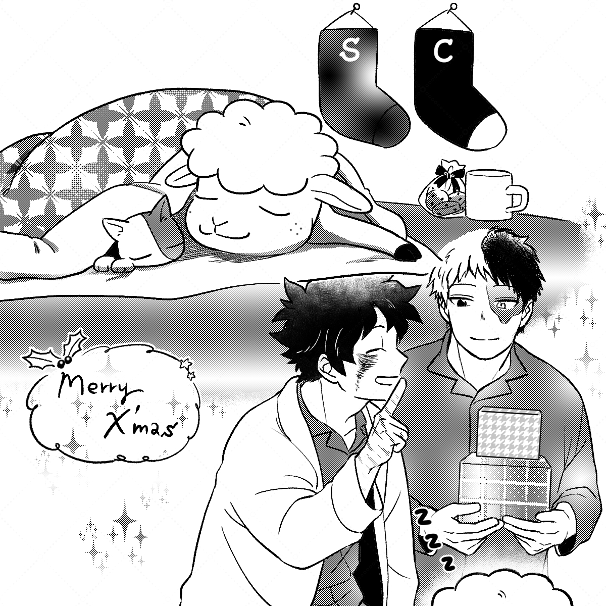betsu aka2, midoriya izuku, todoroki shoto, boku no hero academia, cat, christmas, cookies, curly hair, dekusheep, freckles, gift, milk, multicolored hair, scar, sheep, shoutocat, sleeping, socks, two-tone hair