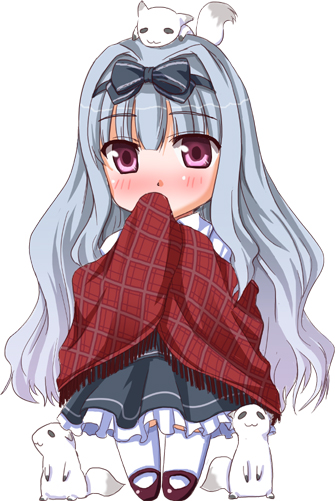 nekonote (nekono paraiso), amatsuka watayuki, baby princess, plaid, silver hair, 10s, 1girl, blue hair, blush, bow, chibi, female focus, hair bow, long hair, mouth hold, object on head, pink eyes, red eyes, simple background, skirt, solo, thighhighs, white thighhighs