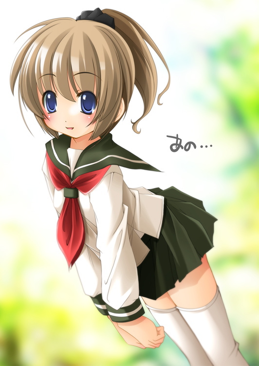 shibacha, original, blue eyes, brown hair, high ponytail, ponytail, school uniform, serafuku, thighhighs, white thighhighs, zettai ryouiki
