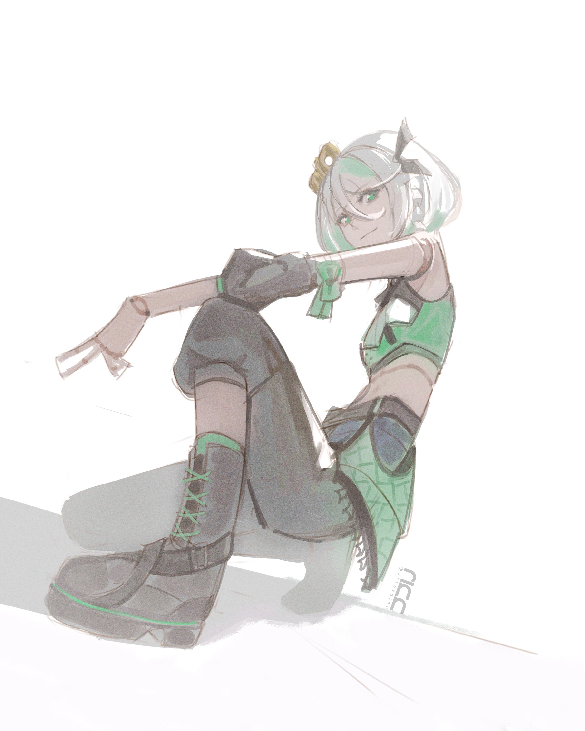 dinn (artofdinn), cecilia immergreen, hololive, hololive english, absurdres, highres, 1girl, black boots, black pants, boots, closed mouth, crop top, doll joints, gradient hair, green eyes, green hair, green shirt, idol clothes, joints, multicolored hair, pants, shirt, simple background, solo, virtual youtuber, white background, white hair, winding key