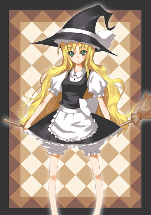 motofumi, kirisame marisa, touhou, 1girl, blonde hair, broom, female focus, green eyes, hat, solo, underwear, witch, witch hat