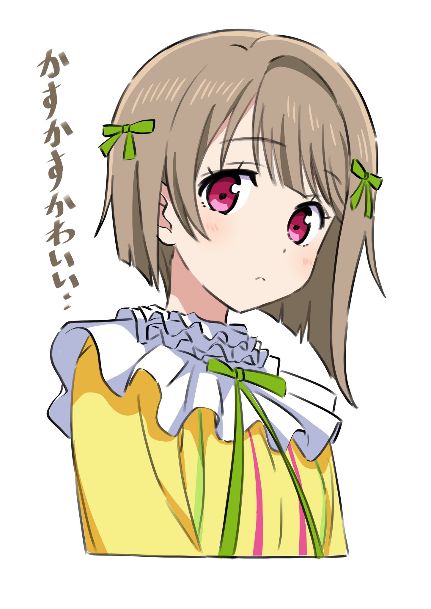 kousuke0912, nakasu kasumi, love live!, love live! nijigasaki high school idol club, commentary request, highres, translation request, 1girl, asymmetrical hair, blush, bob cut, bow, brown hair, closed mouth, cropped torso, dress, green bow, green ribbon, hair bow, looking at viewer, mutekikyuu believer, neck ribbon, official alternate costume, red eyes, ribbon, short hair, simple background, solo, white background, yellow dress