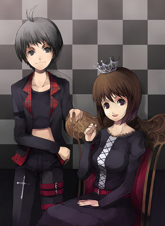 pos (shiratama-ya), hagiwara yukiho, kikuchi makoto, idolmaster, idolmaster (classic), 00s, 2girls, :3, ahoge, antenna hair, black hair, brown hair, crown, goth fashion, gothic lolita, hat, lolita fashion, multiple girls, punkish gothic, yukimako