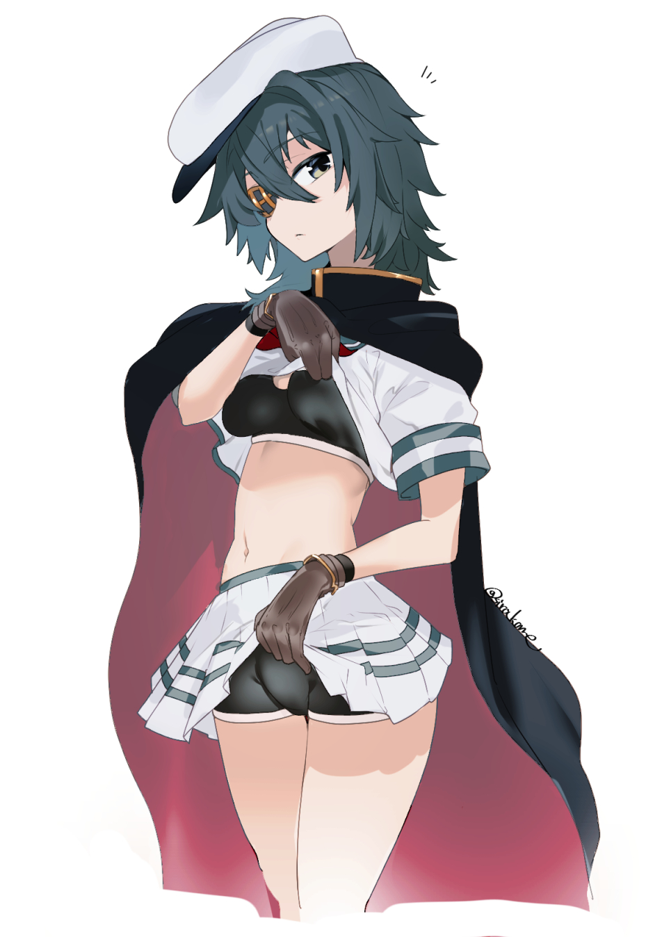sirakane (tigo5115), kiso (kancolle), kiso kai ni (kancolle), kantai collection, commentary request, highres, 1girl, black cape, black panties, black sports bra, blue hair, boyshort panties, breasts, brown gloves, cape, clothes lift, eyepatch, gloves, green eyes, hair between eyes, hat, lifting own clothes, medium breasts, notice lines, panties, red cape, shirt lift, simple background, skirt, skirt lift, solo, sports bra, stomach, twitter username, underwear, white background, white hat, white skirt