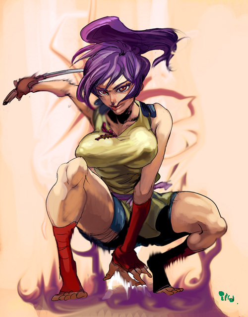 imano yatsuha, samurai champloo, 00s, 1girl, bad anatomy, bad feet, breasts, covered erect nipples, feet, female focus, large breasts, ninja, poorly drawn, solo, squatting, sword, weapon