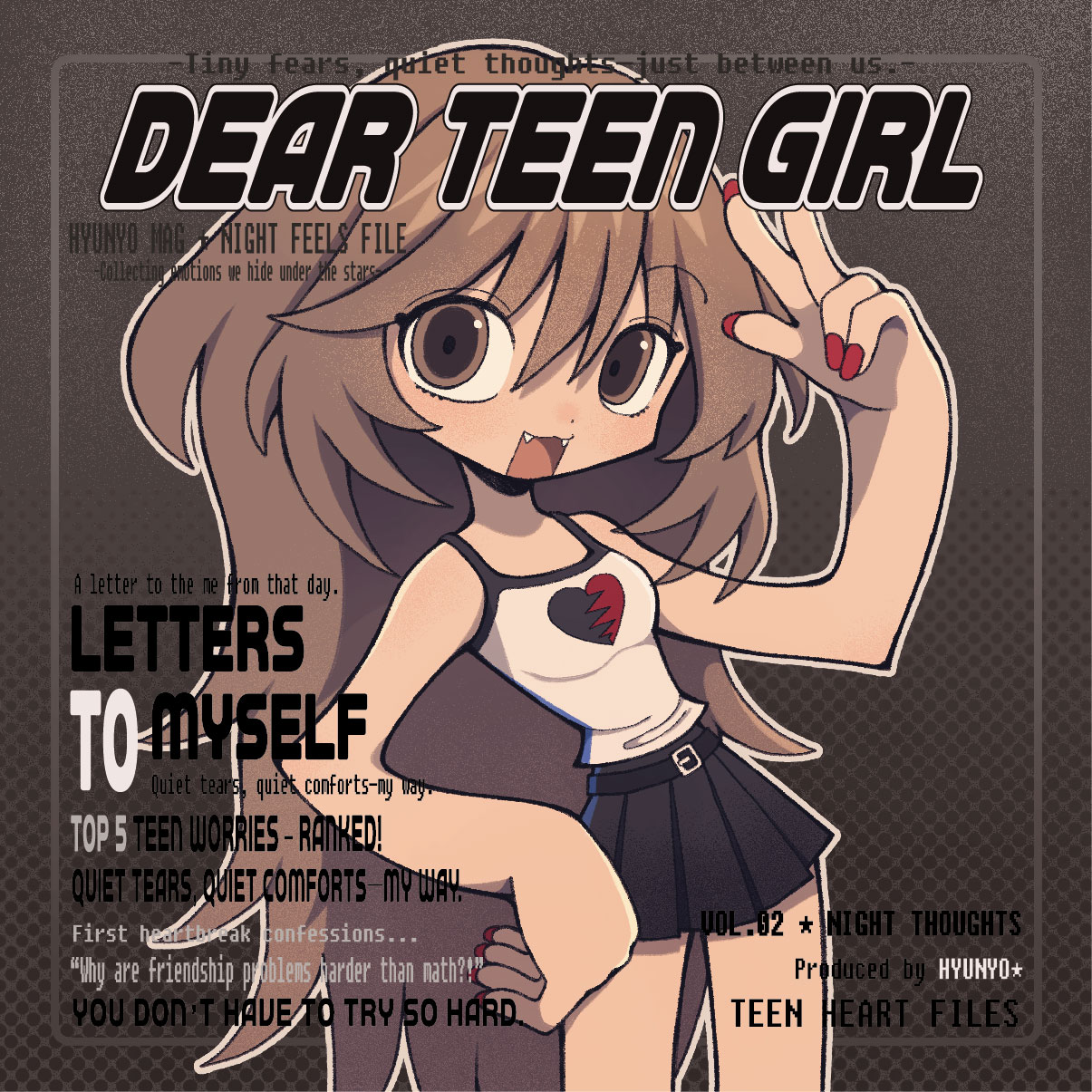hyunyo, original, commentary, hashtag-only commentary, highres, 1girl, bare shoulders, black skirt, brown eyes, brown hair, fangs, heart, heart print, long hair, looking at viewer, open mouth, outline, red nails, skirt, sleeveless, solo, very long hair, w, white outline