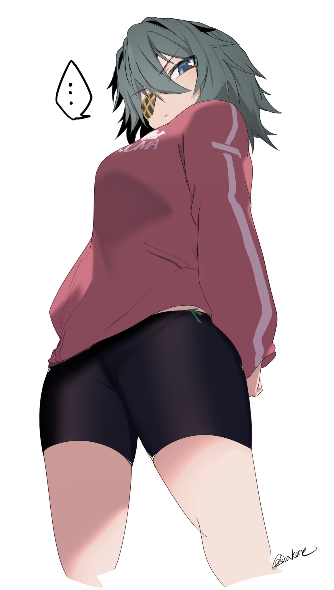 sirakane (tigo5115), kiso (kancolle), kiso (saury festival) (kancolle), kantai collection, highres, …, 1girl, bike shorts, black hair, black jacket, blue eyes, blush, breasts, closed mouth, clothes writing, cropped legs, eyepatch, from below, green panties, hair between eyes, jacket, long sleeves, looking at viewer, medium hair, panties, panty peek, shorts, side-tie panties, simple background, solo, twitter username, underwear, white background
