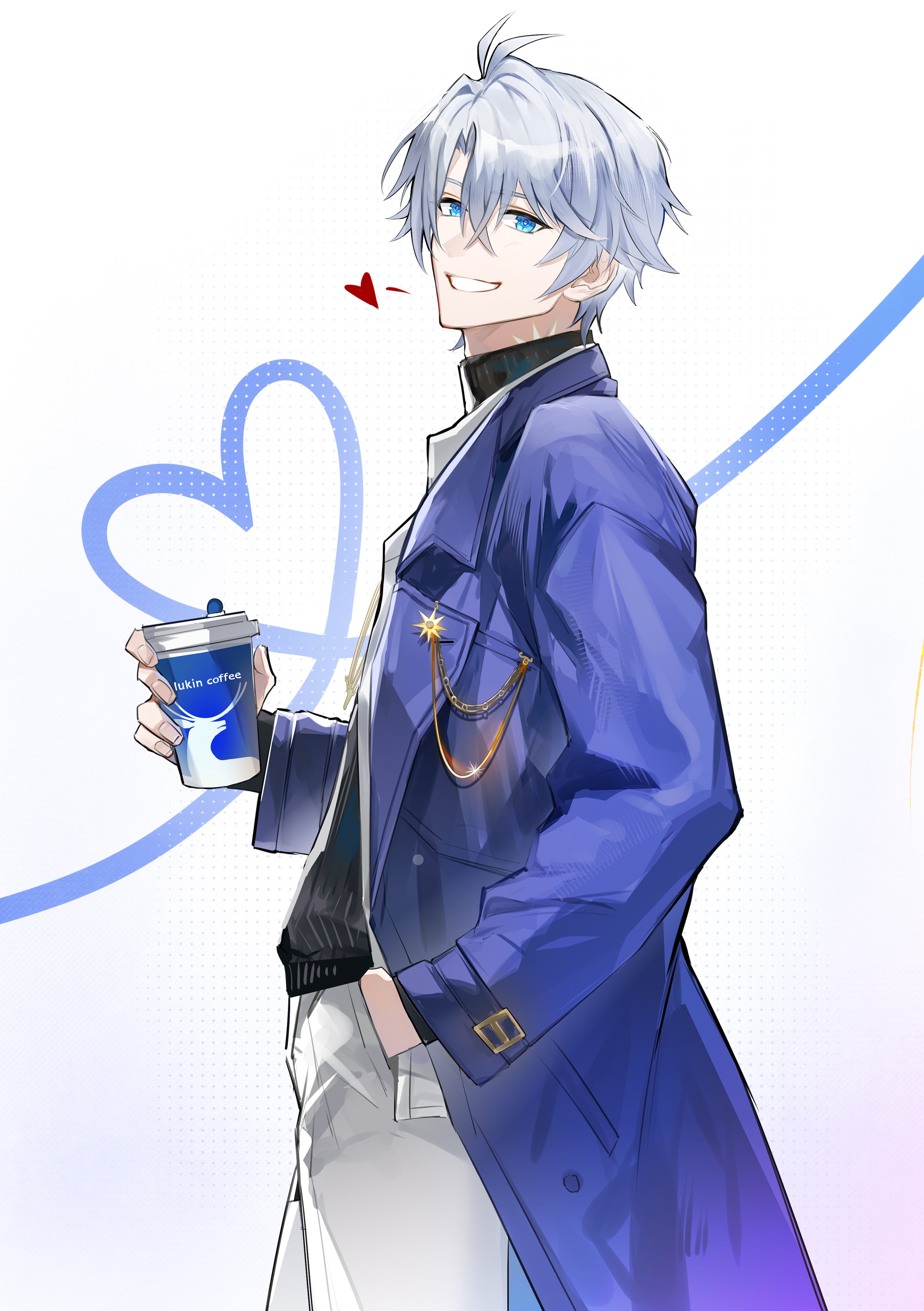 qing ning elsa, phainon (honkai: star rail), honkai: star rail, honkai (series), absurdres, highres, 1boy, blue coat, blue eyes, coat, cowboy shot, cup, deer necklace, disposable coffee cup, disposable cup, from side, hand in pocket, heart, high collar, holding, male focus, official alternate costume, open clothes, open coat, pants, phainon (luckin coffee) (honkai: star rail), polka dot, polka dot background, short hair, simple background, smile, solo, teeth, white background, white pants