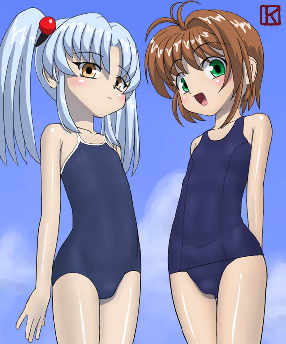keny, hoshino ruri, kinomoto sakura, cardcaptor sakura, kidou senkan nadesico, 1990s (style), 2girls, blue hair, blush, brown hair, child, cloud, competition school swimsuit, crossover, flat chest, green eyes, long hair, looking at viewer, multiple girls, one-piece swimsuit, outdoors, retro artstyle, school swimsuit, short hair, sky, smile, standing, swimsuit, twintails, yellow eyes