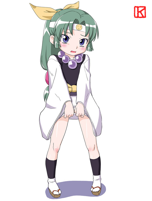 keny, miyabi, ninin ga shinobuden, 00s, 1girl, blue eyes, blunt bangs, blush, clothes lift, female focus, flat chest, green hair, hair ribbon, hairband, headband, japanese clothes, jewelry, long hair, low-tied long hair, necklace, ponytail, ribbon, skirt, skirt lift, smiley face, solo, standing