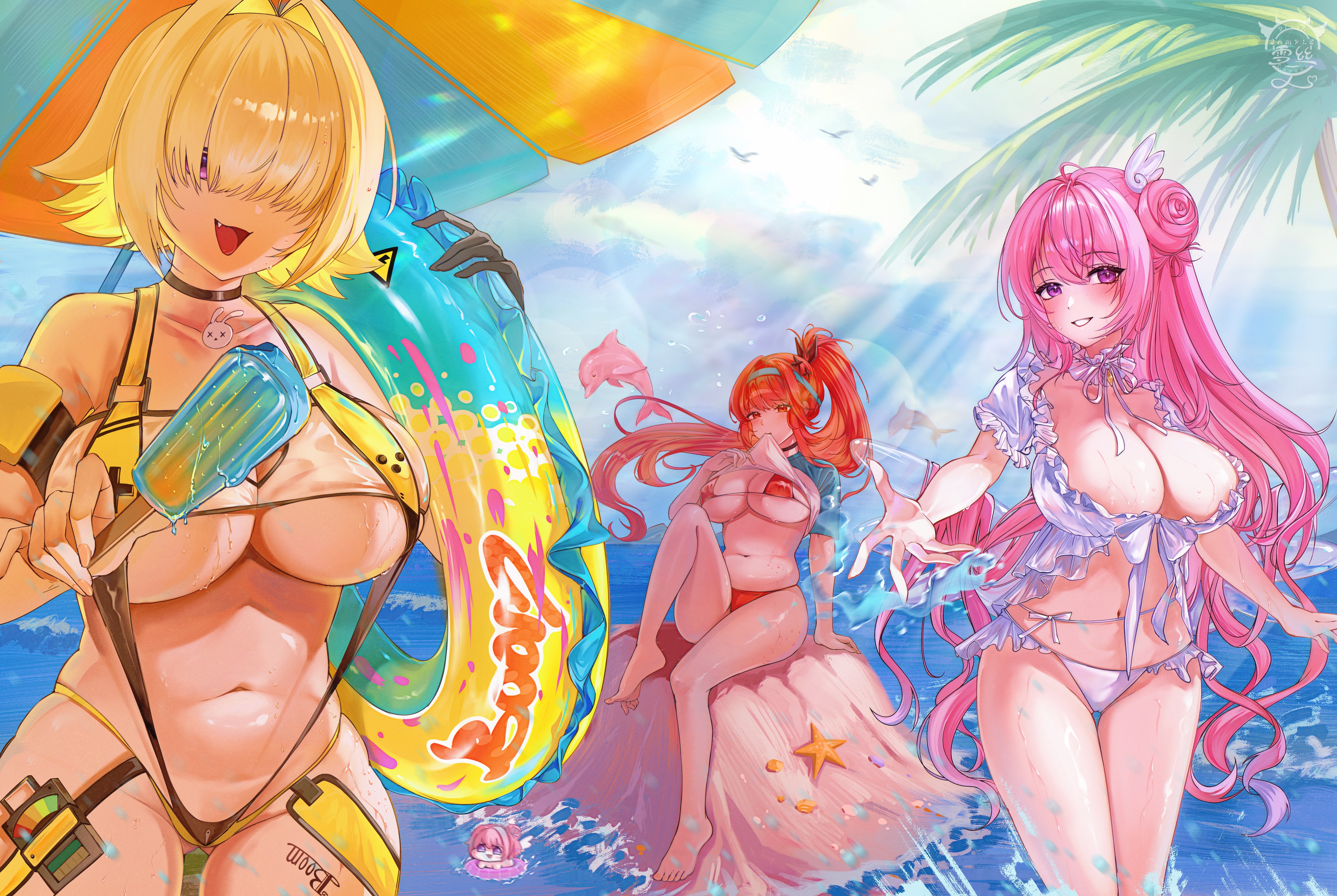 d plan, dorothy (nikke), dorothy (serendipity) (nikke), elegg (nikke), rapi (nikke), rapi (red hood) (nikke), rapi (red hood) (red flavor) (nikke), goddess of victory: nikke, absurdres, highres, 3girls, aqua hairband, bikini, blonde hair, breasts, cleavage, hairband, large breasts, multiple girls, navel, official alternate costume, official alternate design, official alternate hair color, pink hair, red bikini, red hair, swimsuit
