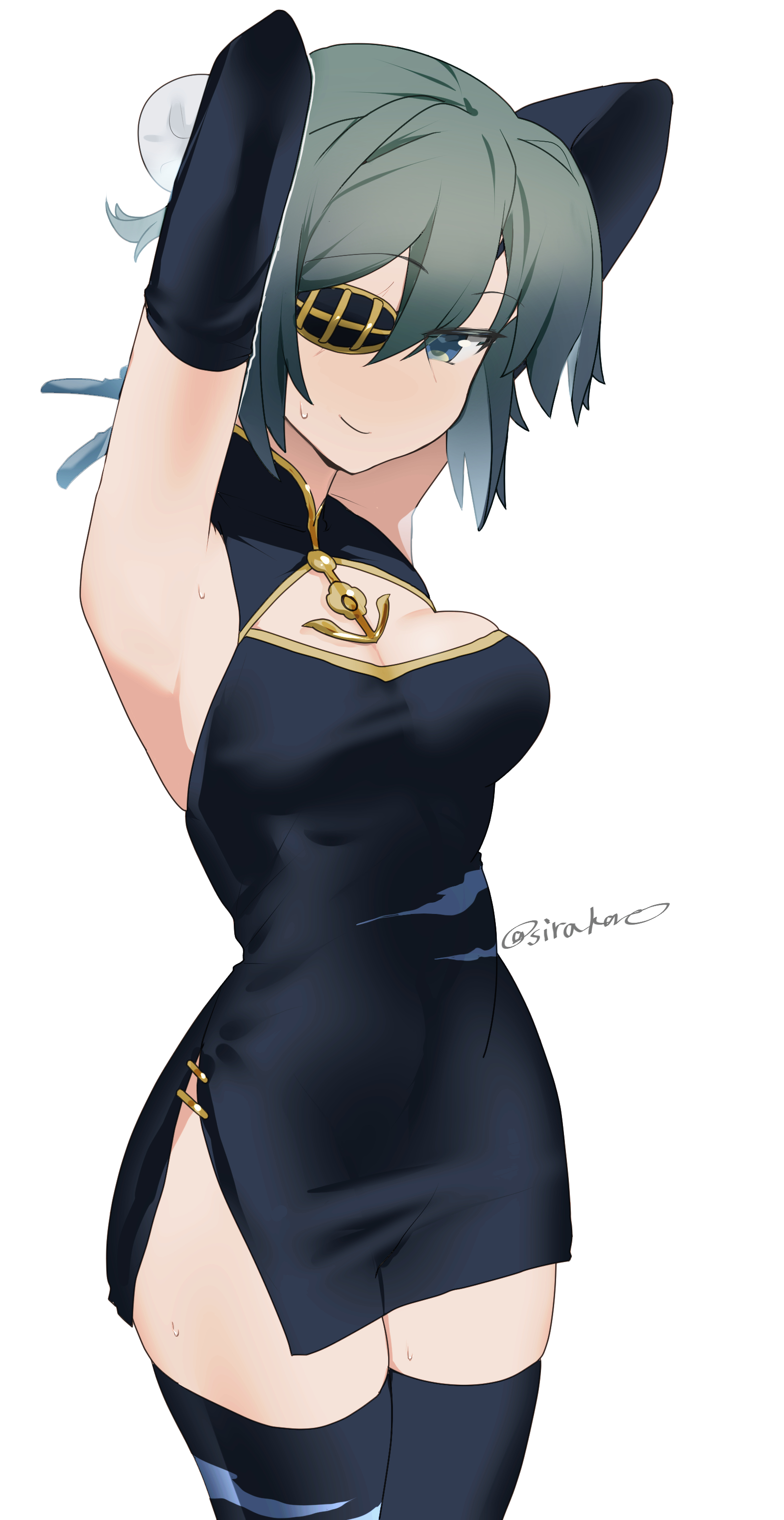 sirakane (tigo5115), kiso (kancolle), kantai collection, absurdres, highres, 1girl, alternate costume, arms behind head, arms up, black dress, black gloves, blue eyes, breasts, bun cover, china dress, chinese clothes, cleavage, cleavage cutout, closed mouth, clothing cutout, dress, elbow gloves, eyepatch, gloves, looking at viewer, medium breasts, side slit, simple background, sleeveless, sleeveless dress, solo, sweat, thighhighs, twitter username, white background