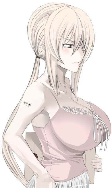 kawaguchi yukihiro, lana nielsen, armored core, armored core: master of arena, fromsoftware, bad id, bad pixiv id, 1girl, barcode, barcode tattoo, blonde hair, breasts, camisole, female focus, huge breasts, lace, no bra, ponytail, solo, tattoo