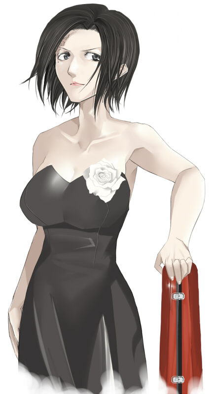 kawaguchi yukihiro, sumika juutilainen, armored core, armored core: project phantasma, fromsoftware, bad id, bad pixiv id, 1girl, bare shoulders, black dress, black eyes, black hair, dress, female focus, flower, mole, mole under eye, rose, scar, solo, strapless, strapless dress, white flower, white rose