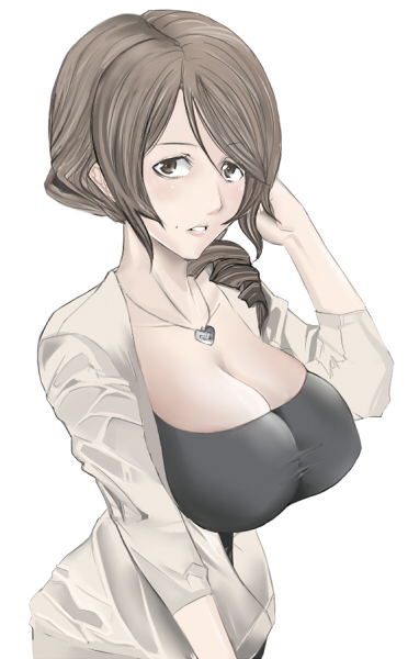 kawaguchi yukihiro, nell aulter, armored core, armored core 2, fromsoftware, bad id, bad pixiv id, 1girl, breasts, brown eyes, brown hair, cleavage, drill hair, female focus, huge breasts, jewelry, mature female, mole, mole above mouth, necklace, shirt, solo