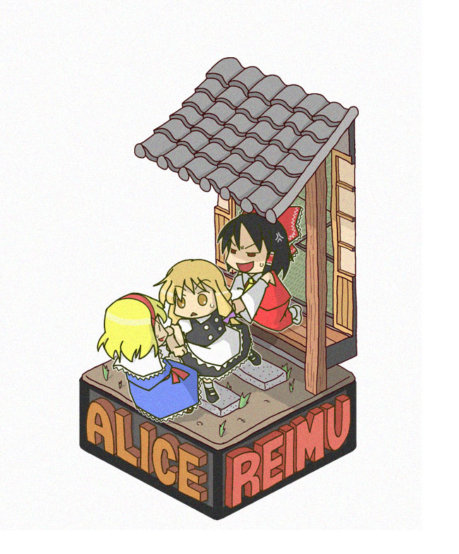 rodney (melagal), alice margatroid, hakurei reimu, kirisame marisa, touhou, bad id, bad pixiv id, 3girls, blonde hair, character name, chibi, female focus, isometric, japanese clothes, miko, multiple girls, ribbon, simple background, white background