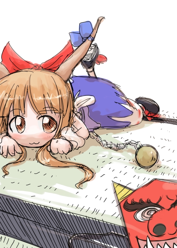 ibuki suika, touhou, 1girl, :3, brown eyes, brown hair, chain, female focus, horns, indoors, lying, mask, ribbon, solo