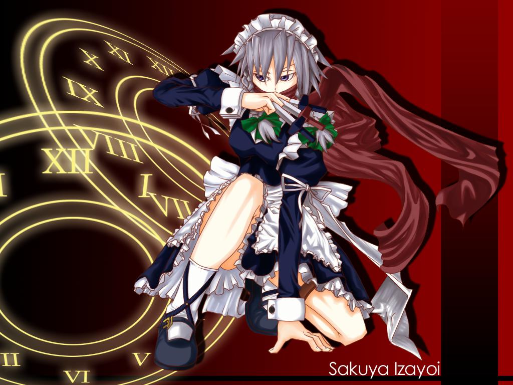 kumonji aruto, izayoi sakuya, perfect cherry blossom, touhou, silver hair, 1girl, arm support, between fingers, blue eyes, braid, character name, clock, female focus, holding, knife, maid, maid headdress, on one knee, scarf, scarf over mouth, short hair, solo, throwing knife, twin braids, weapon