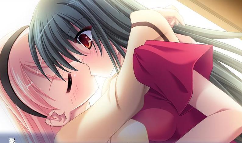 momiage lupin r, nanto yaya, okuwaka tsubomi, strawberry panic!, jpeg artifacts, non-web source, 00s, 2girls, black hair, blush, brown eyes, closed eyes, female focus, hairband, headband, kiss, long hair, multiple girls, pink hair, yuri