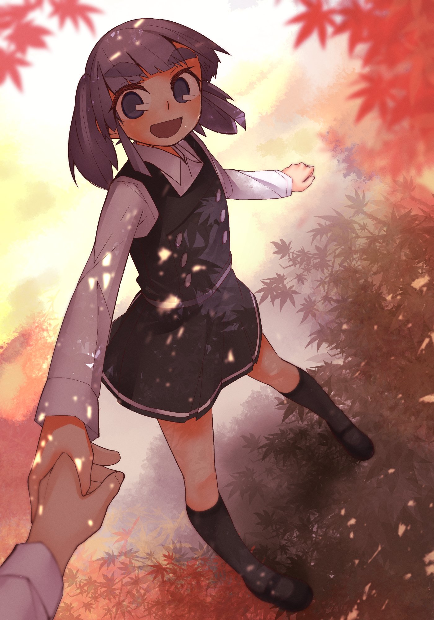 tsuzuri (tu-san house), ooshio (kancolle), ooshio kai ni (kancolle), kantai collection, highres, 1boy, 1girl, 1other, autumn, autumn leaves, black dress, black shoes, black socks, blue eyes, blush, collared shirt, dress, grey hair, hair between eyes, kneehighs, leaf, long sleeves, open mouth, pinafore dress, pov, pov hands, shirt, shoes, short twintails, sleeveless, sleeveless dress, socks, standing, twintails, white shirt