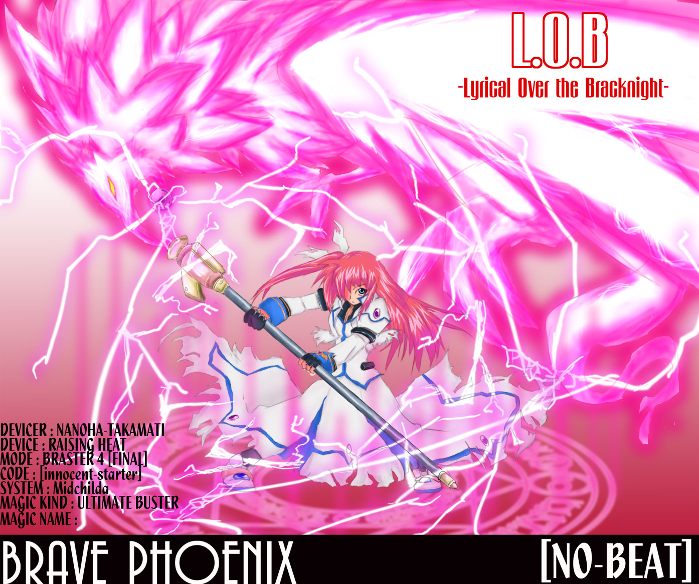 raising heart, takamachi nanoha, lyrical nanoha, mahou shoujo lyrical nanoha, 00s, 1girl, alternate weapon, artistic error, brown hair, electricity, female focus, fingerless gloves, gloves, hair over one eye, jacket, magazine (weapon), magic, magic circle, magical girl, open clothes, open jacket, solo, staff, torn clothes, weapon, white devil