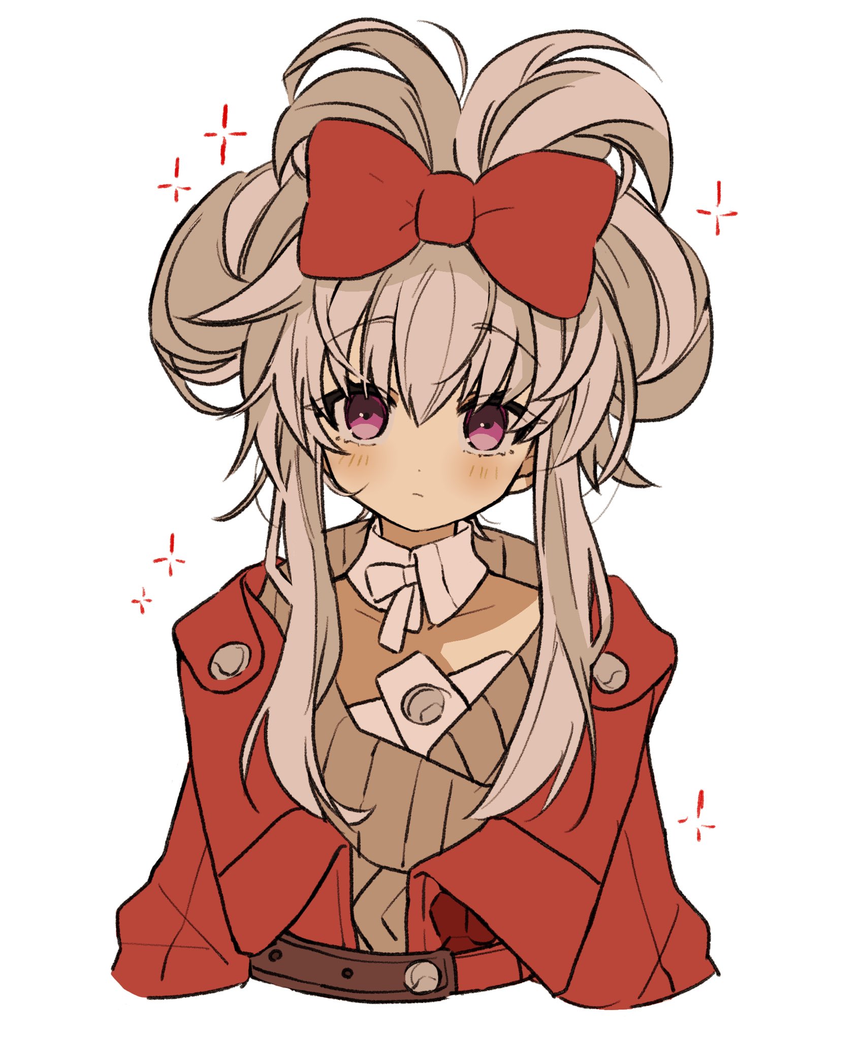 iwashi (iwashi008), clara (honkai: star rail), honkai: star rail, honkai (series), highres, 1girl, alternate hairstyle, blush, brown sweater, closed mouth, coat, collar, hair between eyes, hair ornament, hair ribbon, jacket, long hair, long sleeves, looking at viewer, pink eyes, red coat, red jacket, ribbon, simple background, solo, sweater, white background, white collar, white hair