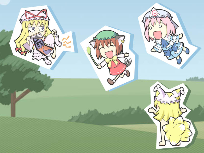 arty, chen, saigyouji yuyuko, yakumo ran, yakumo yukari, touhou, 4girls, animal ears, cat ears, cat girl, cat tail, cat teaser, character cutout, chibi, china dress, chinese clothes, covering face, covering own mouth, covering privates, dress, earrings, female focus, folding fan, fox ears, fox tail, hand fan, hat, japanese clothes, jewelry, kimono, multiple girls, nature, nude, nude cover, outdoors, plant, ribbon, sky, smell, socks, streaking, tail