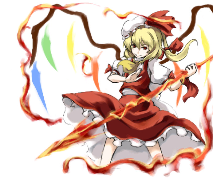 suwi, flandre scarlet, touhou, 1girl, blonde hair, blouse, female focus, hair between eyes, hat, mob cap, ribbon, shirt, solo, standing, white background, white hat, white shirt, wings